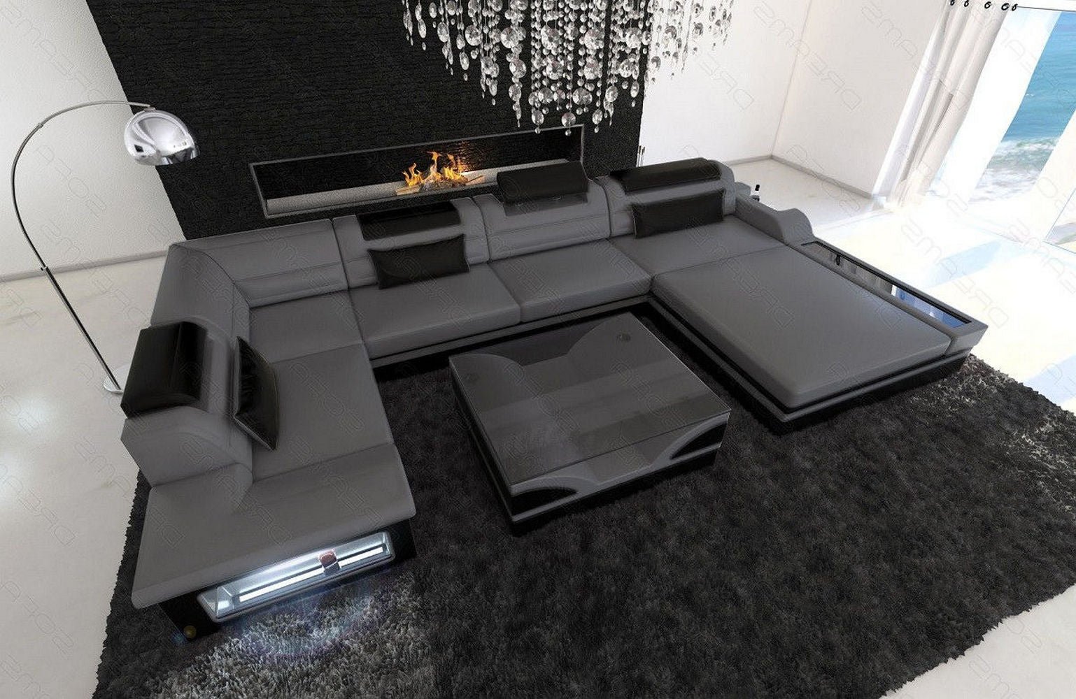 Luxus Wohnlandschaft Mezzo mit LED grau-schwarz