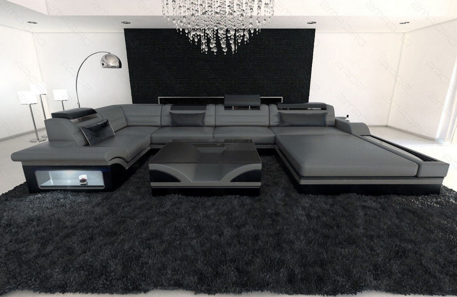 Luxus Wohnlandschaft Mezzo mit LED grau-schwarz