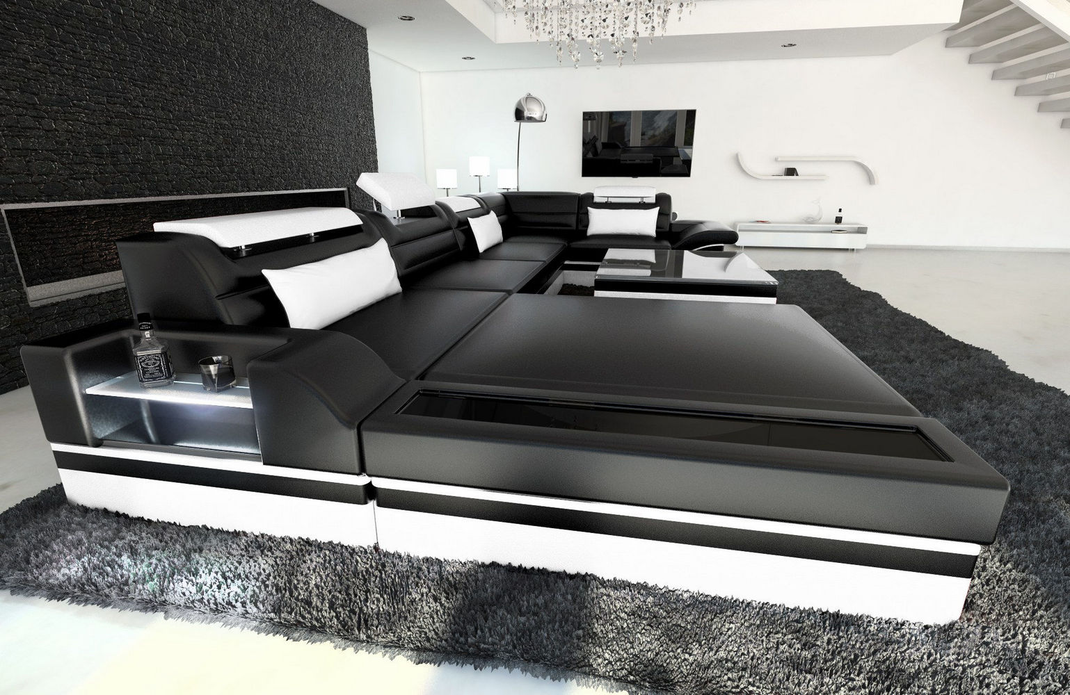 Luxus Wohnlandschaft Mezzo mit LED schwarz-weiß