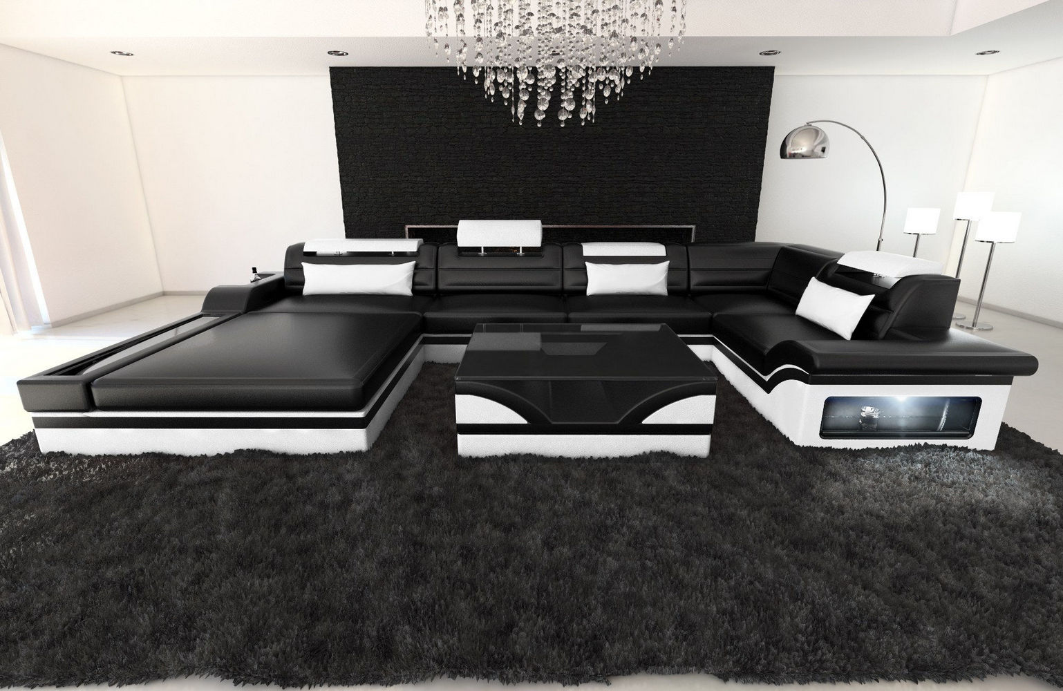 Luxus Wohnlandschaft Mezzo mit LED schwarz-weiß