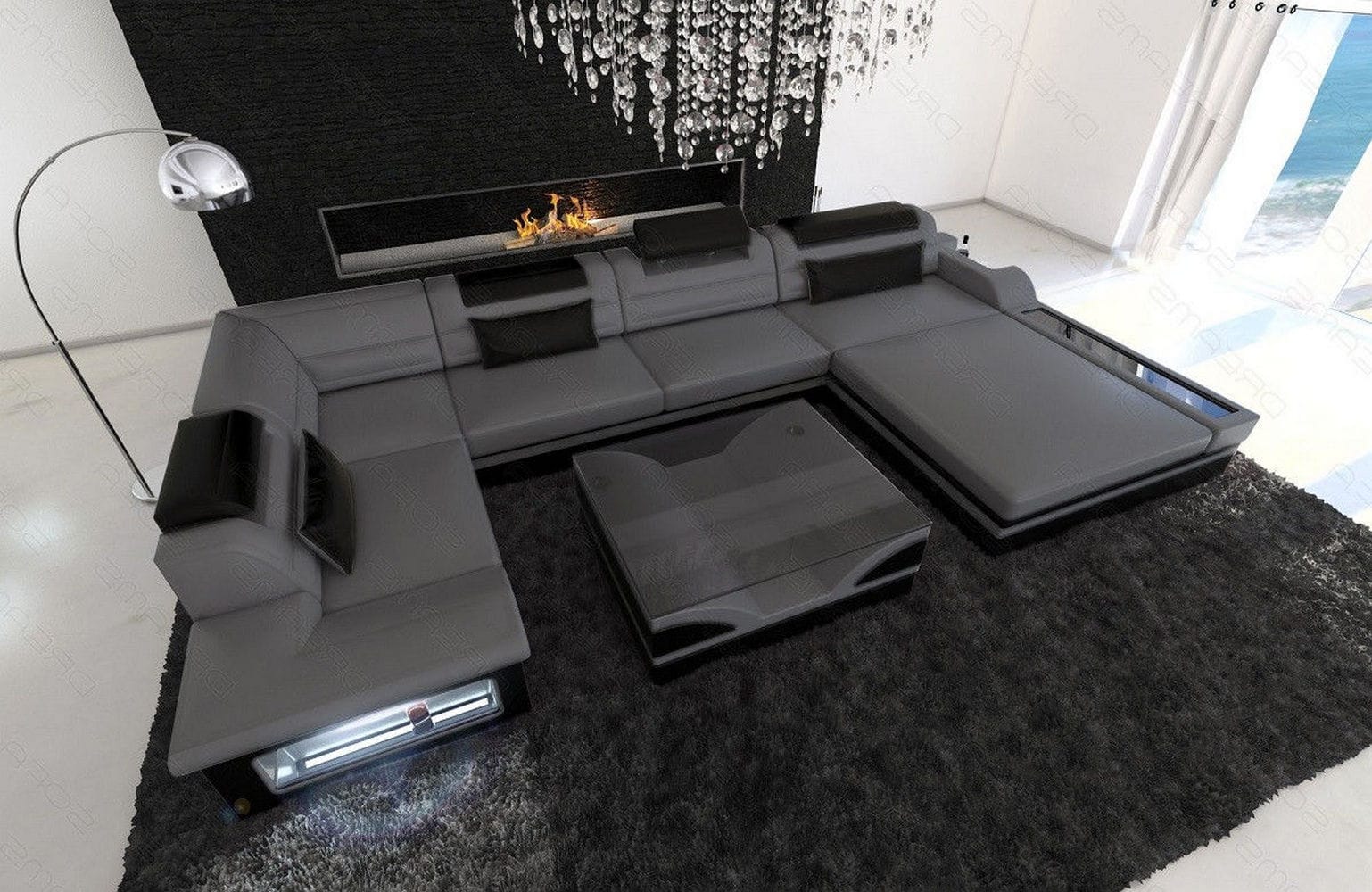 Sofa Mezzo U-Form in Leder grau-schwarz