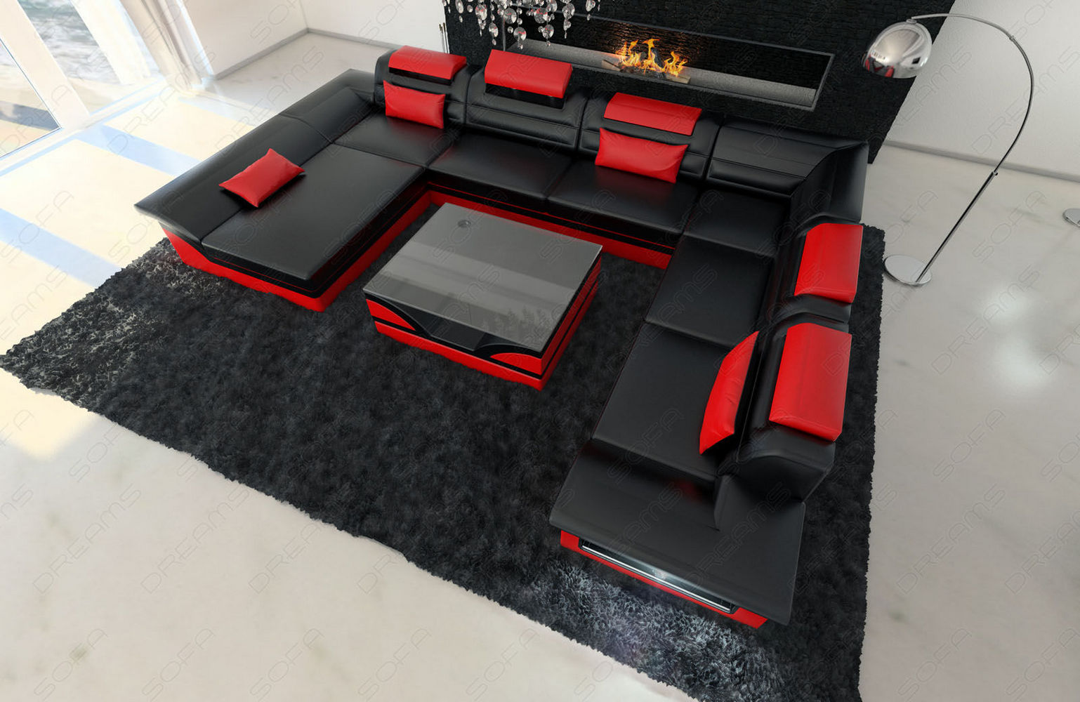 Wohnlandschaft Enzo XXL Ledersofa schwarz-rot