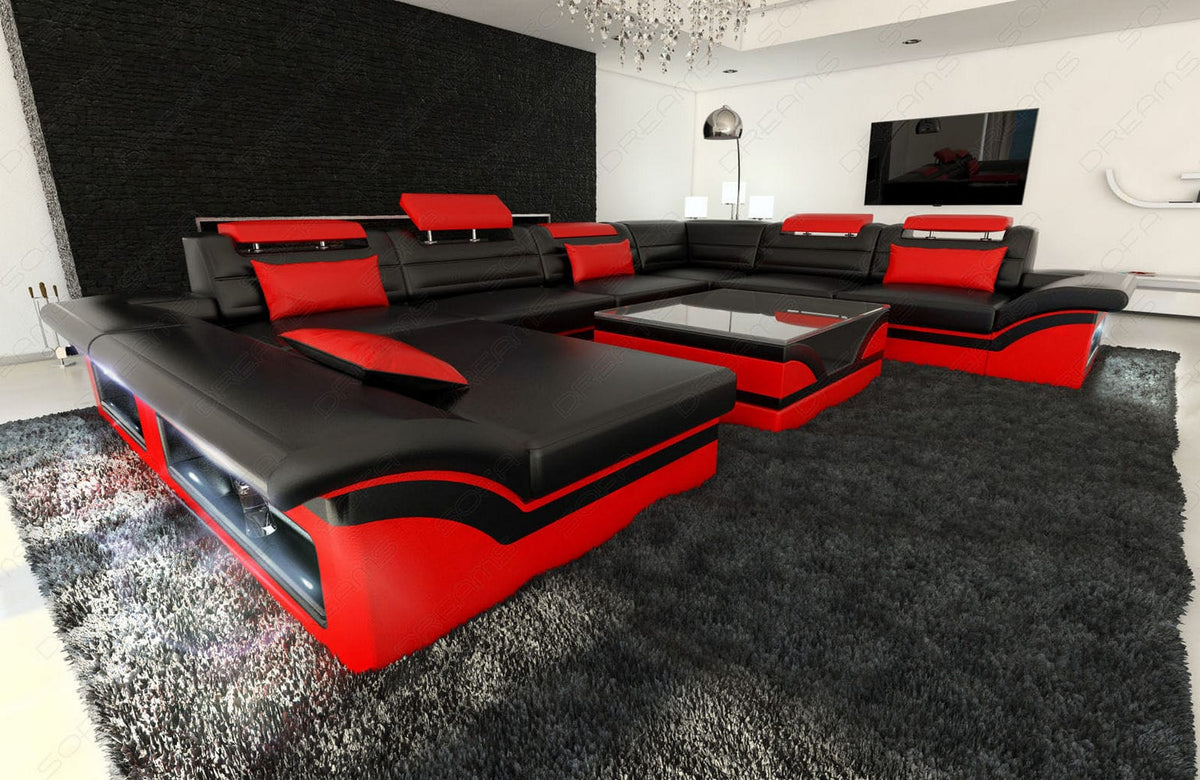 Wohnlandschaft Enzo XXL U-Form in Leder schwarz-rot