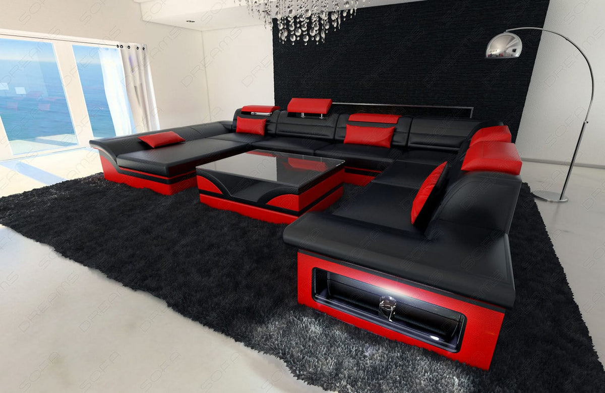 Wohnlandschaft Enzo XXL U-Form in Leder schwarz-rot