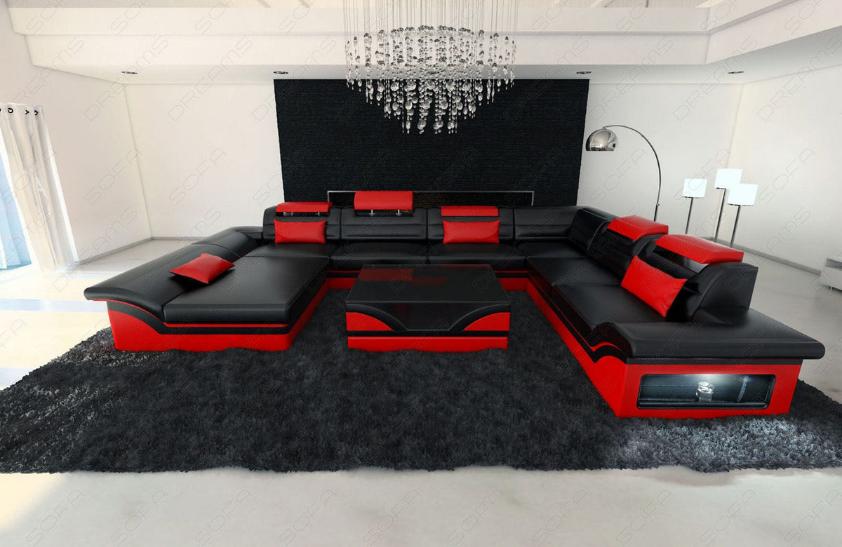 Wohnlandschaft Enzo XXL U-Form in Leder schwarz-rot