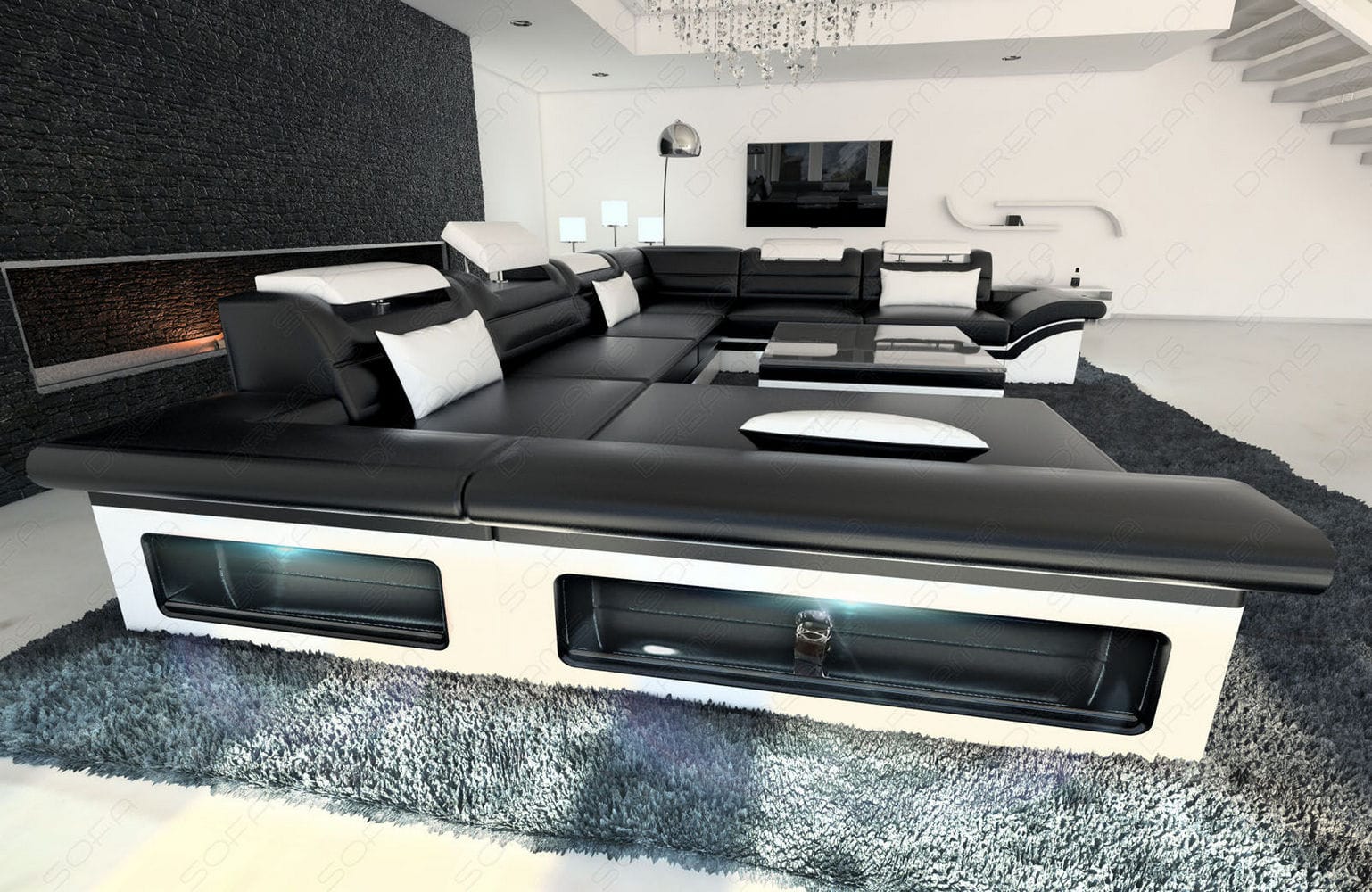 Wohnlandschaft Enzo XXL in Leder schwarz-weiß