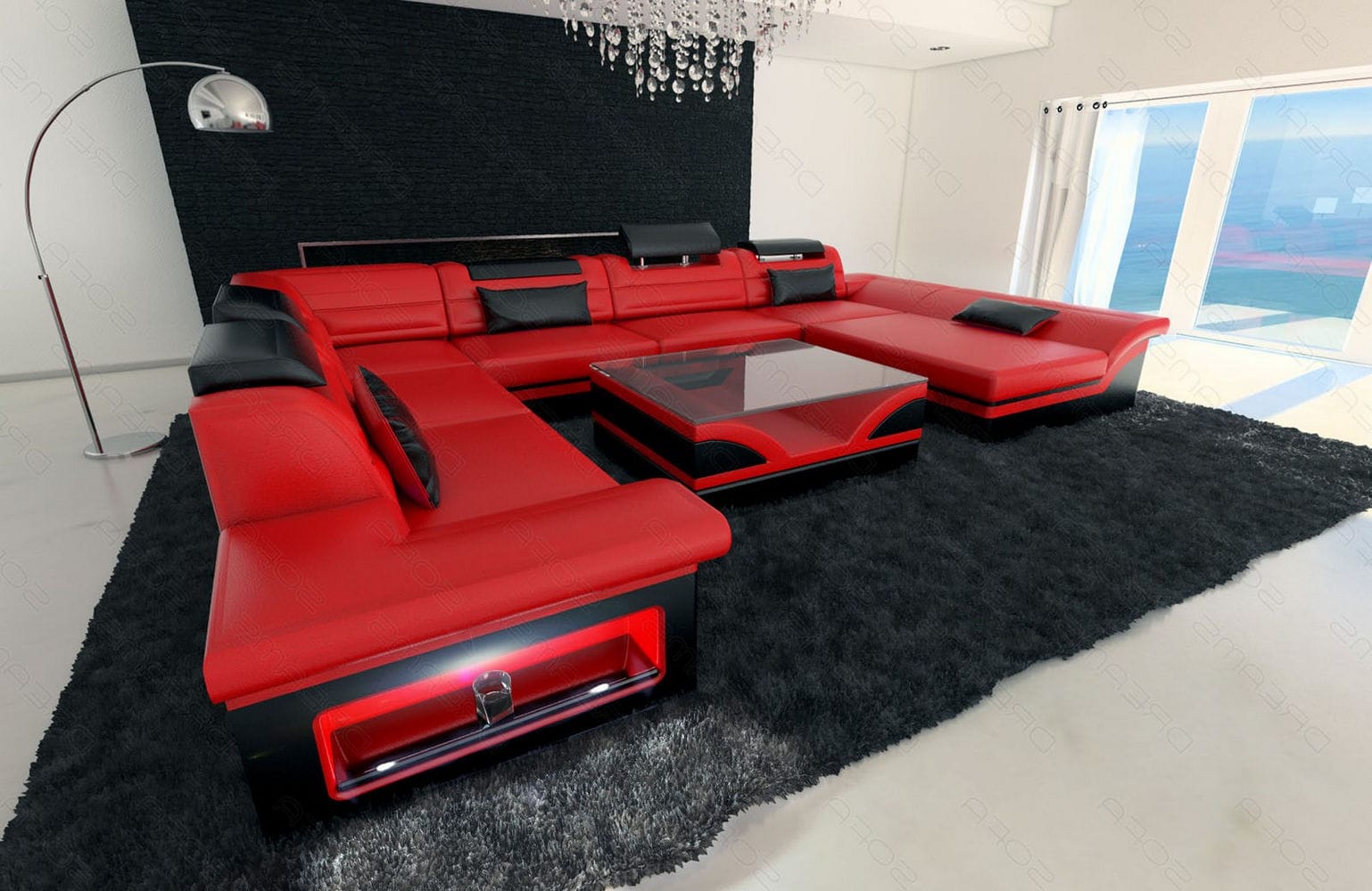 Wohnlandschaft Enzo XXL in Leder rot-schwarz