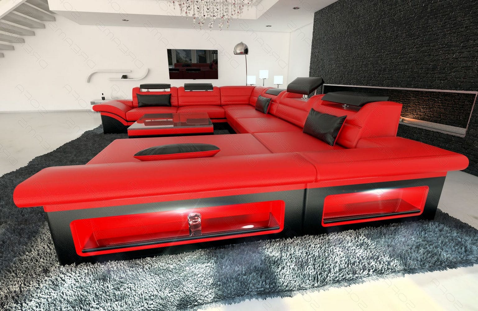 Wohnlandschaft Enzo XXL in Leder rot-schwarz