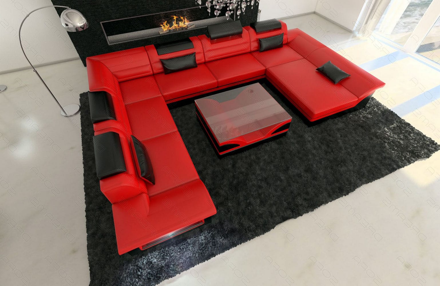 Wohnlandschaft Enzo XXL in Leder rot-schwarz