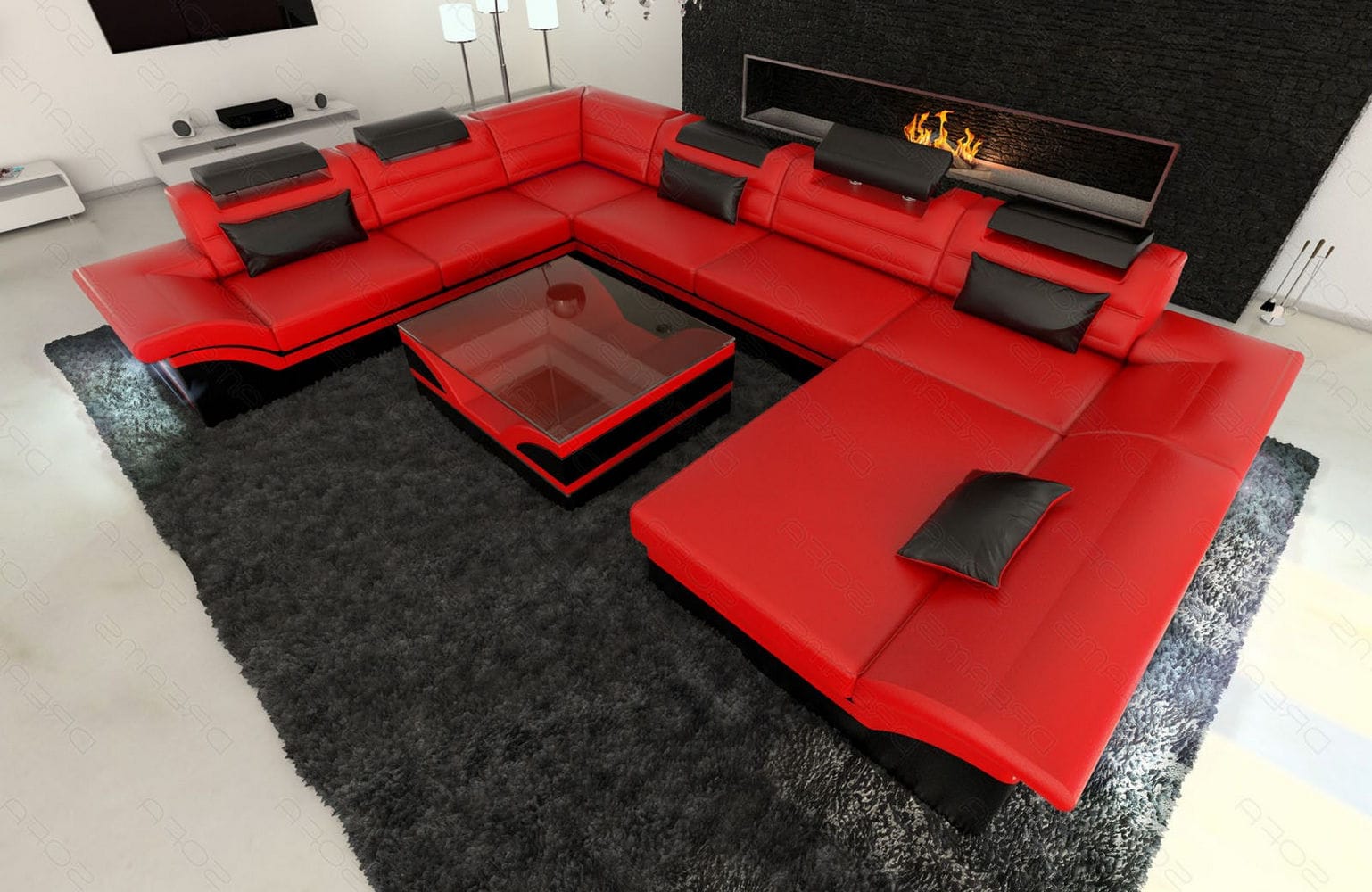 Wohnlandschaft Enzo XXL in Leder rot-schwarz