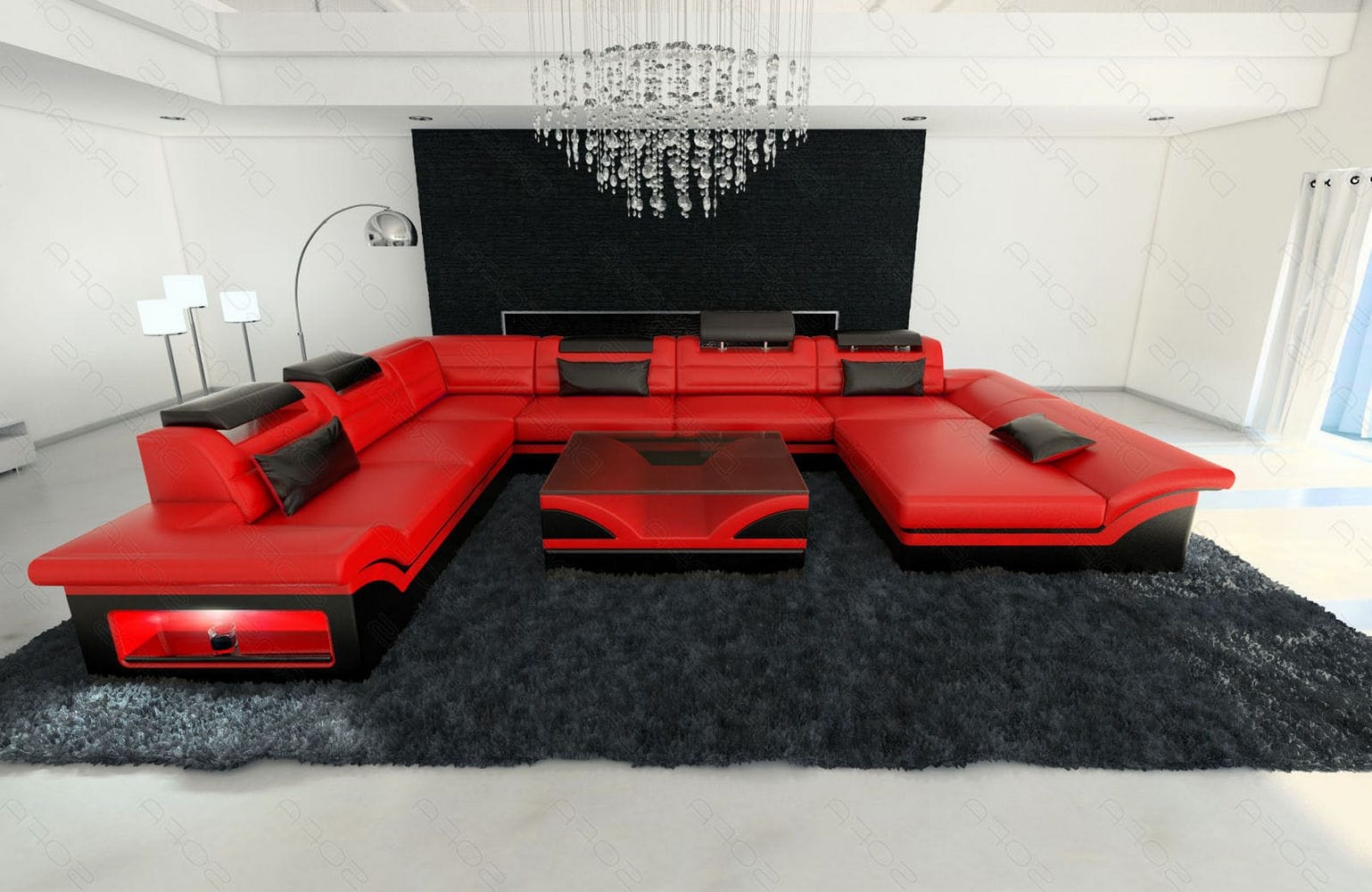 Wohnlandschaft Enzo XXL in Leder rot-schwarz