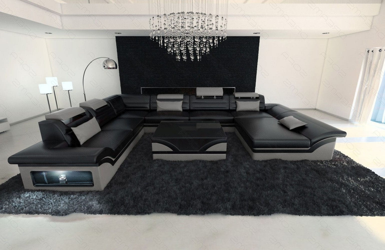 Wohnlandschaft Enzo XXL in Leder schwarz-grau