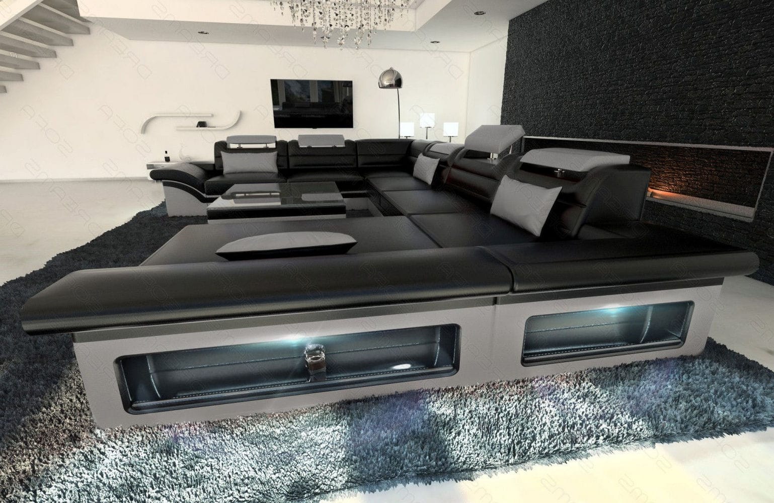 Wohnlandschaft Enzo XXL in Leder schwarz-grau