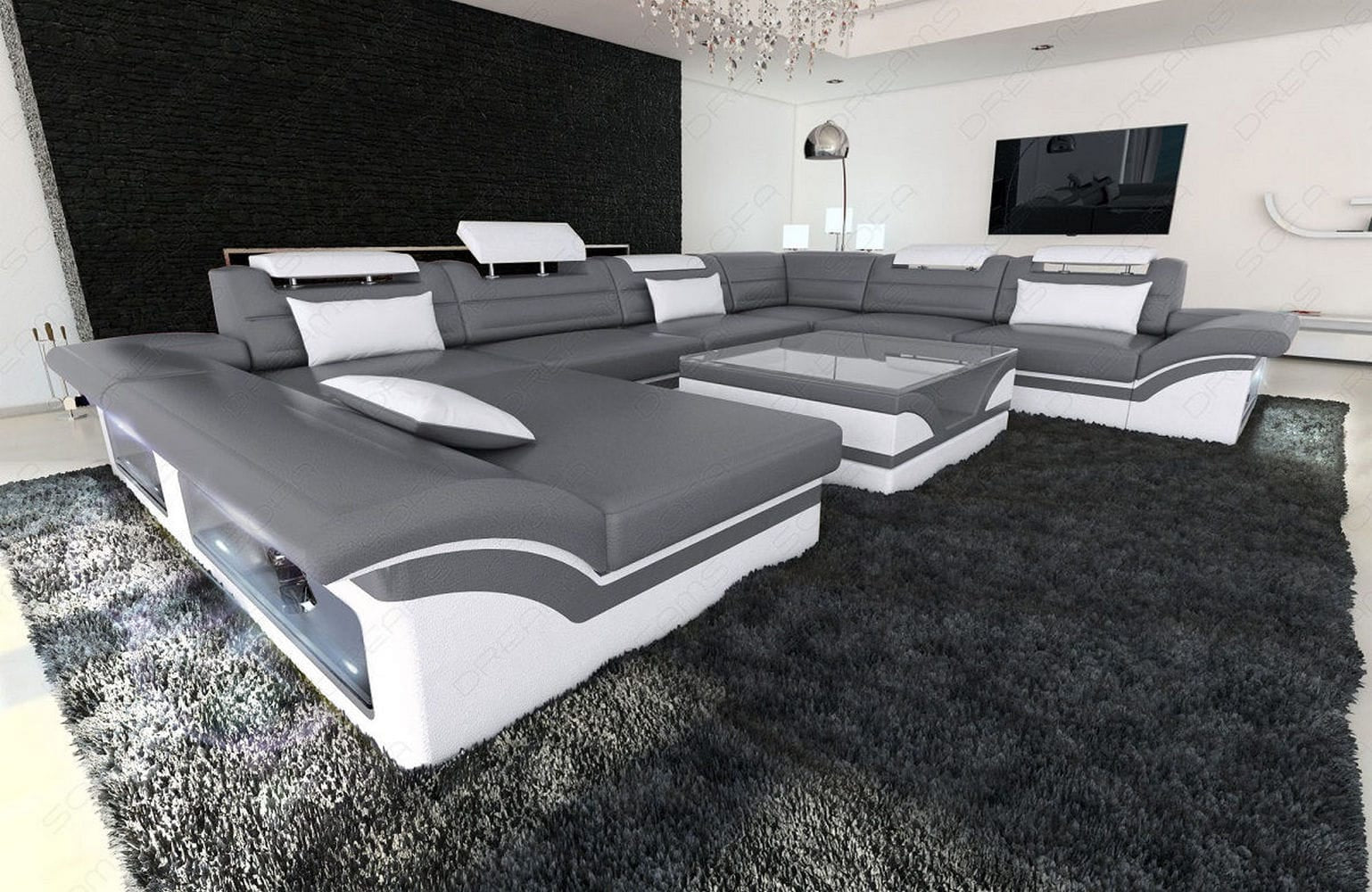 Wohnlandschaft Enzo XXL Ledersofa grau-weiß