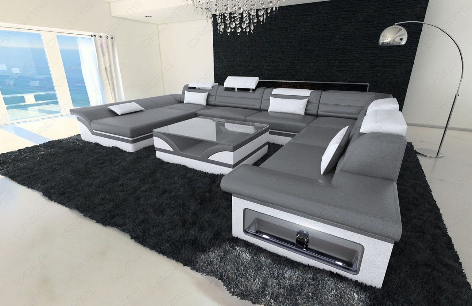 Wohnlandschaft Enzo XXL Ledersofa grau-weiß
