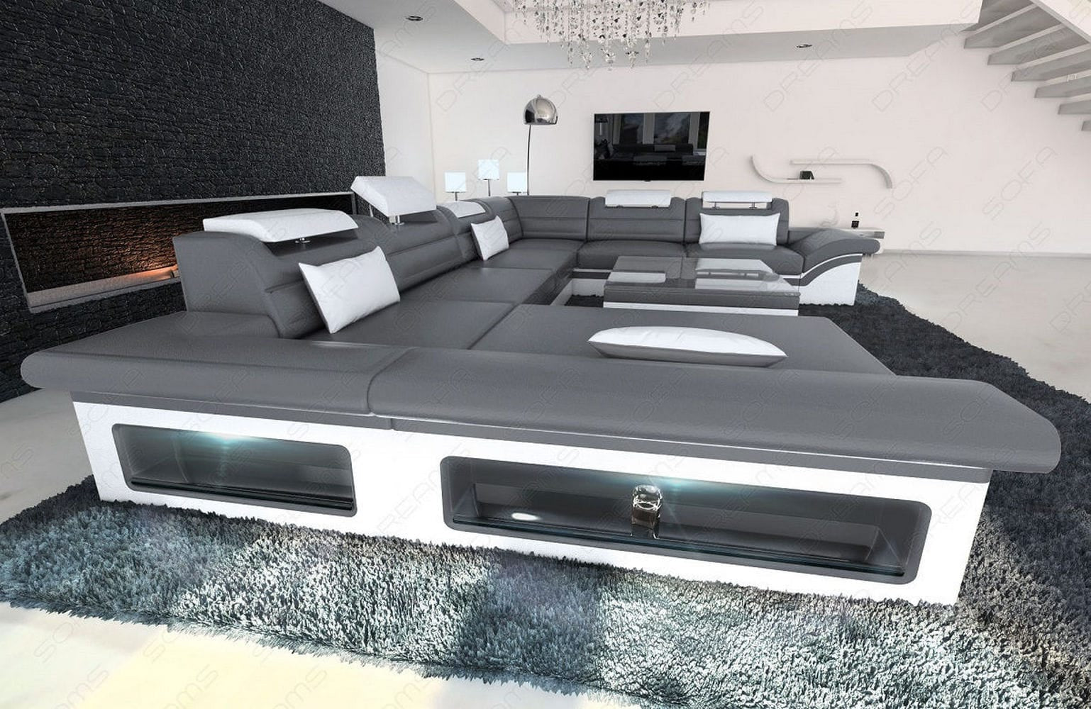 Wohnlandschaft Enzo XXL Ledersofa grau-weiß