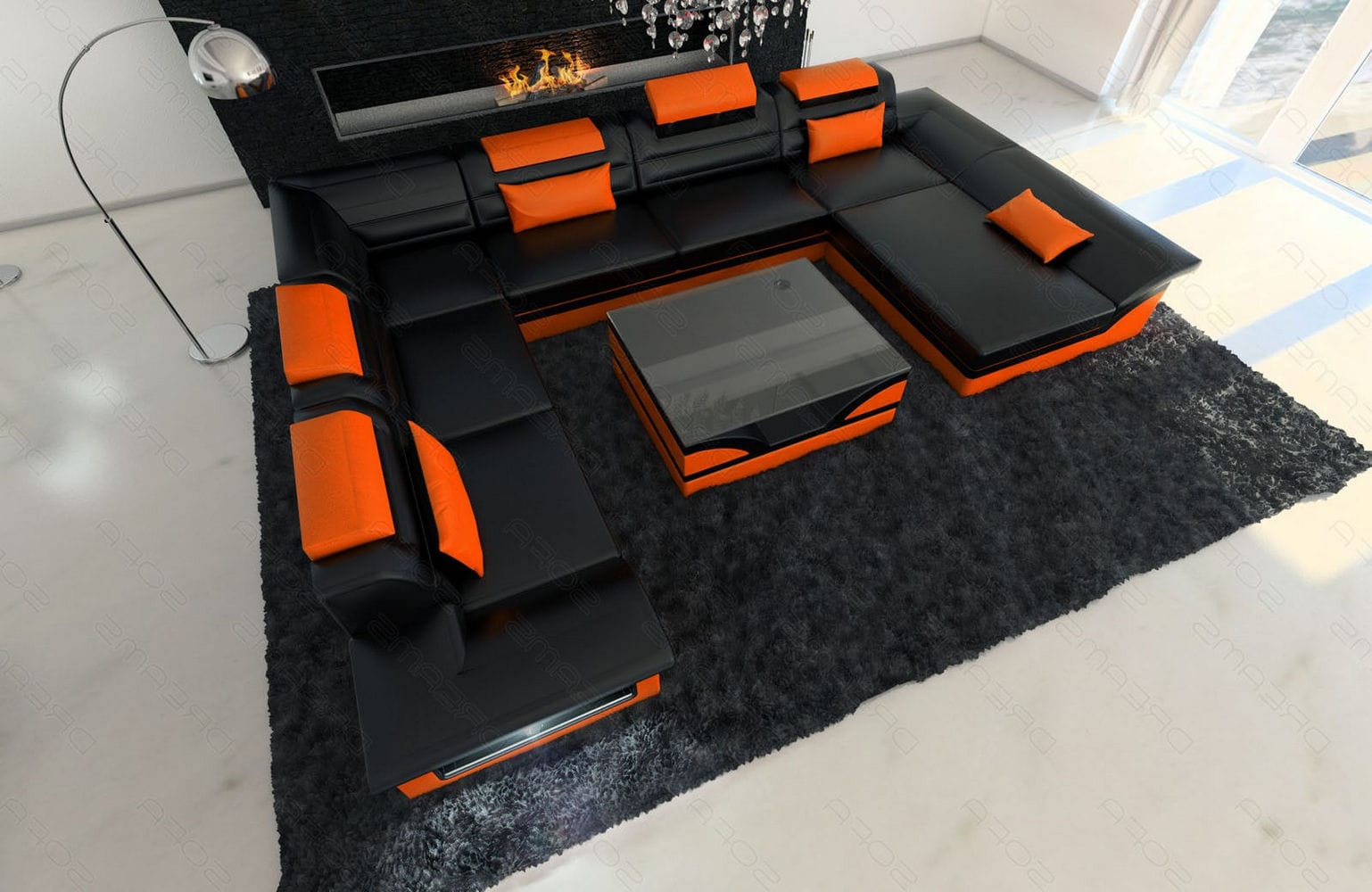 Wohnlandschaft Enzo XXL in Leder schwarz-orange