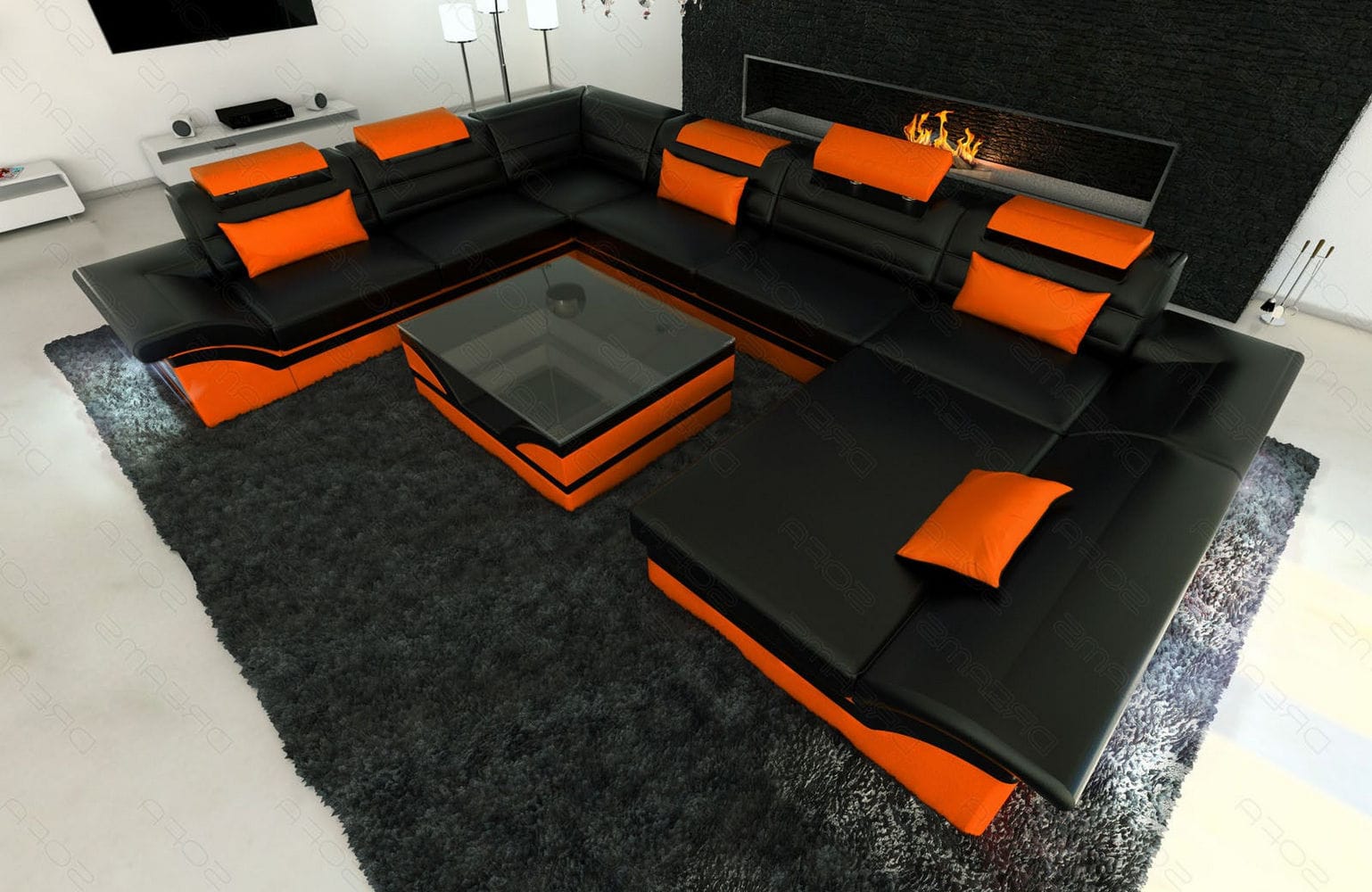Wohnlandschaft Enzo XXL in Leder schwarz-orange