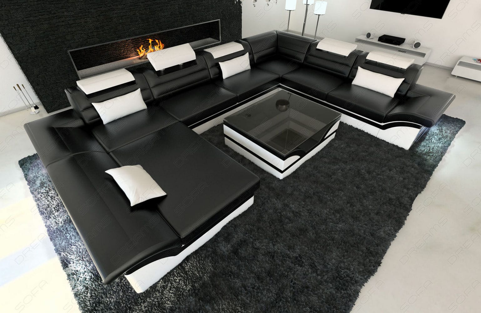 Wohnlandschaft Enzo XXL U-Form in Leder schwarz-weiß