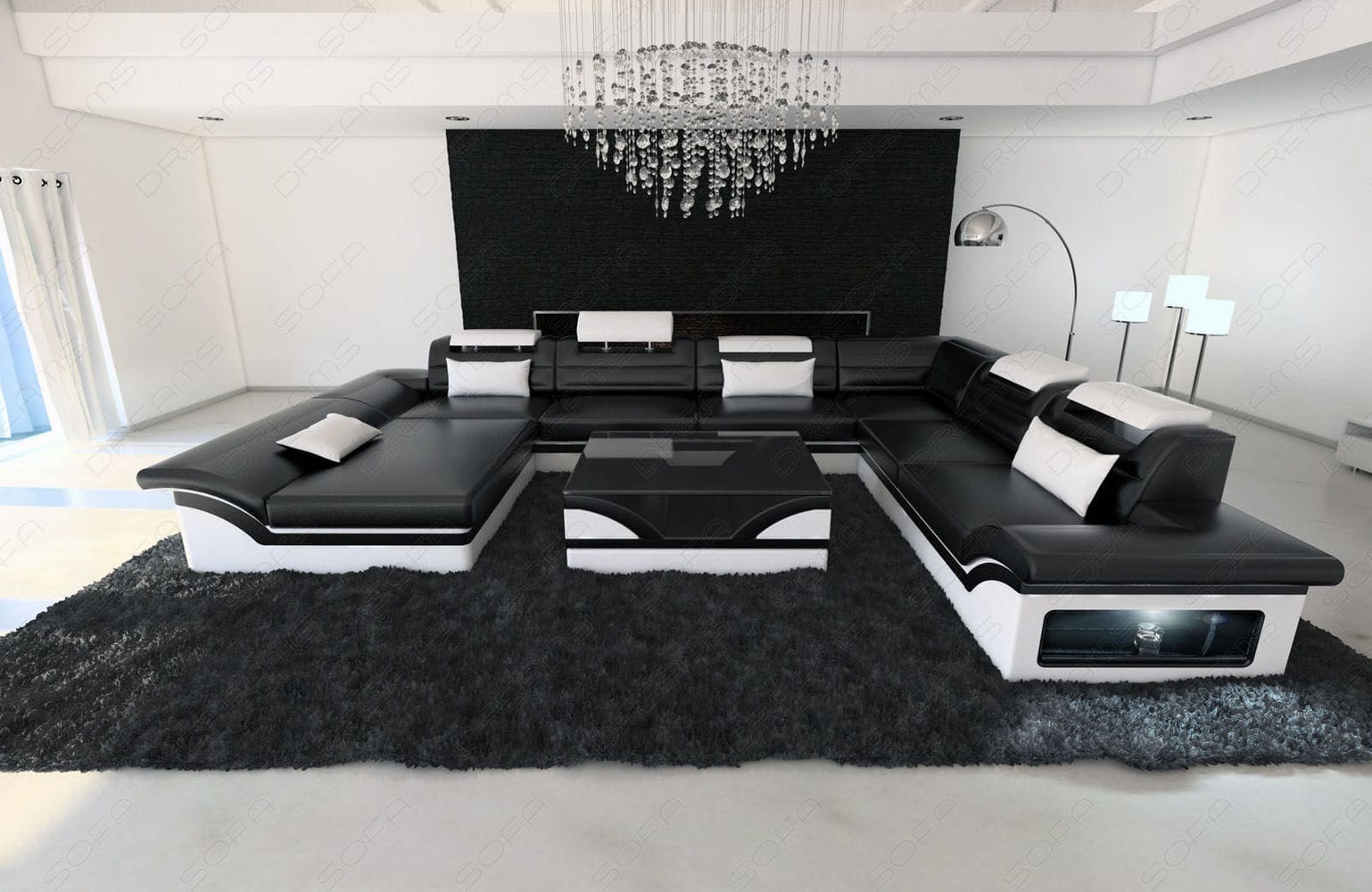 Wohnlandschaft Enzo XXL U-Form in Leder schwarz-weiß