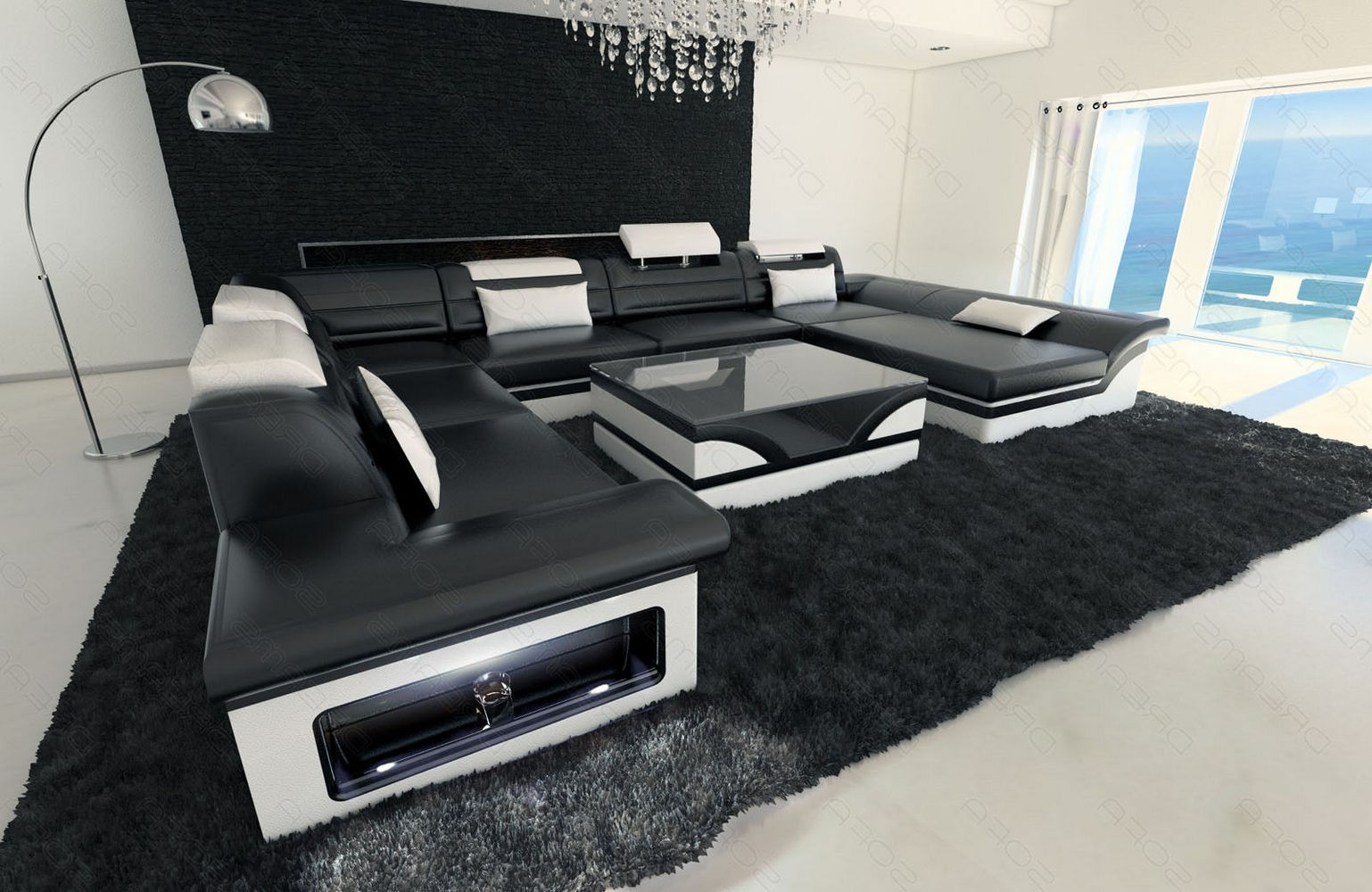 Wohnlandschaft Enzo XXL Ledersofa schwarz-weiß
