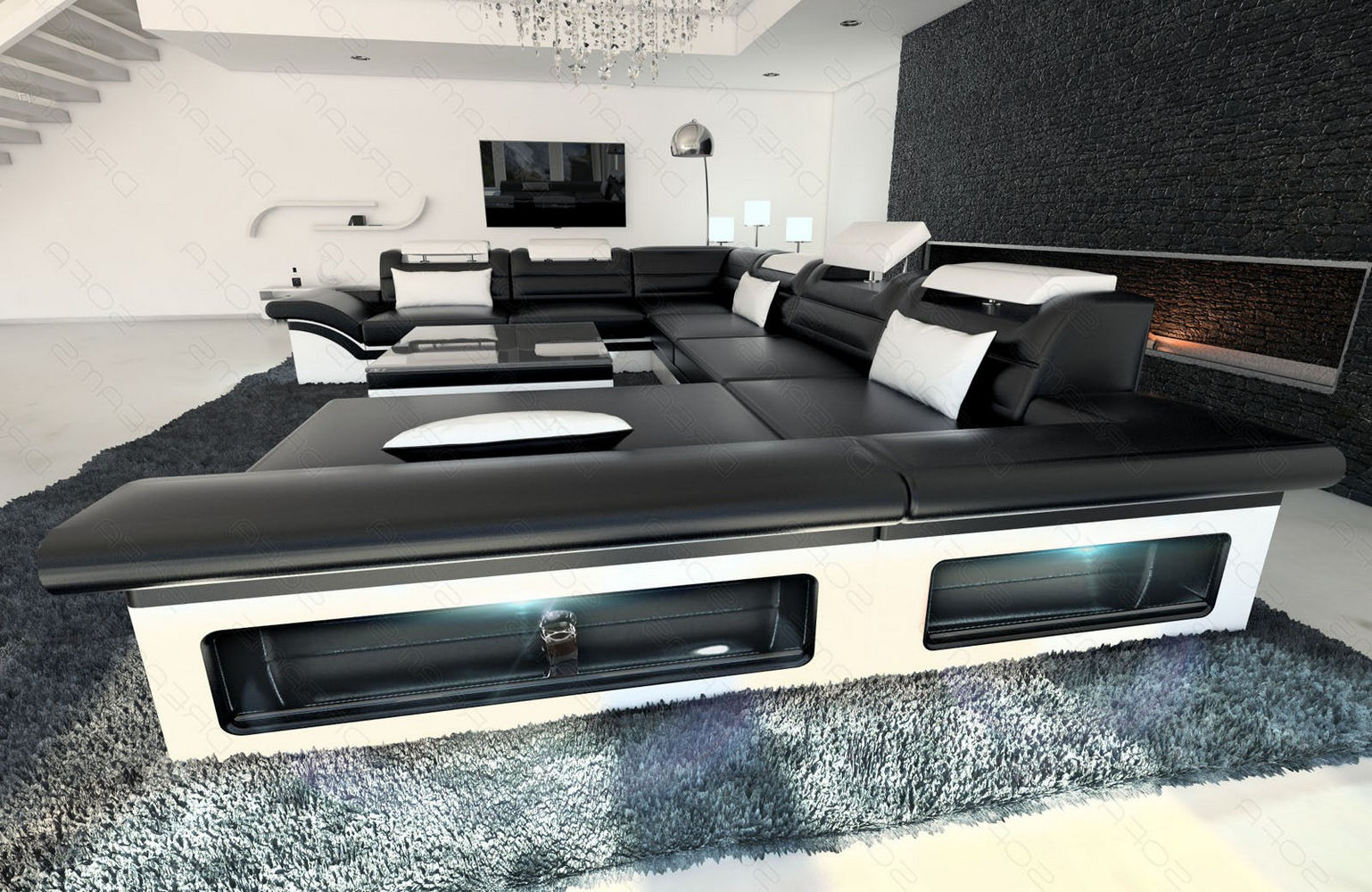Wohnlandschaft Enzo XXL Ledersofa schwarz-weiß