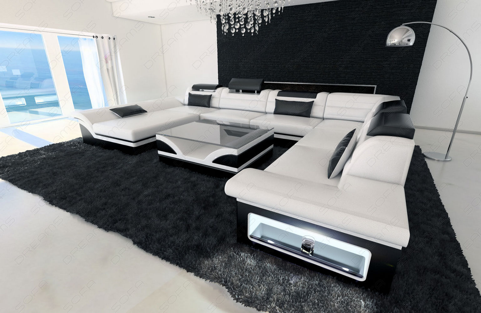 Wohnlandschaft Enzo XXL Ledersofa weiß-schwarz