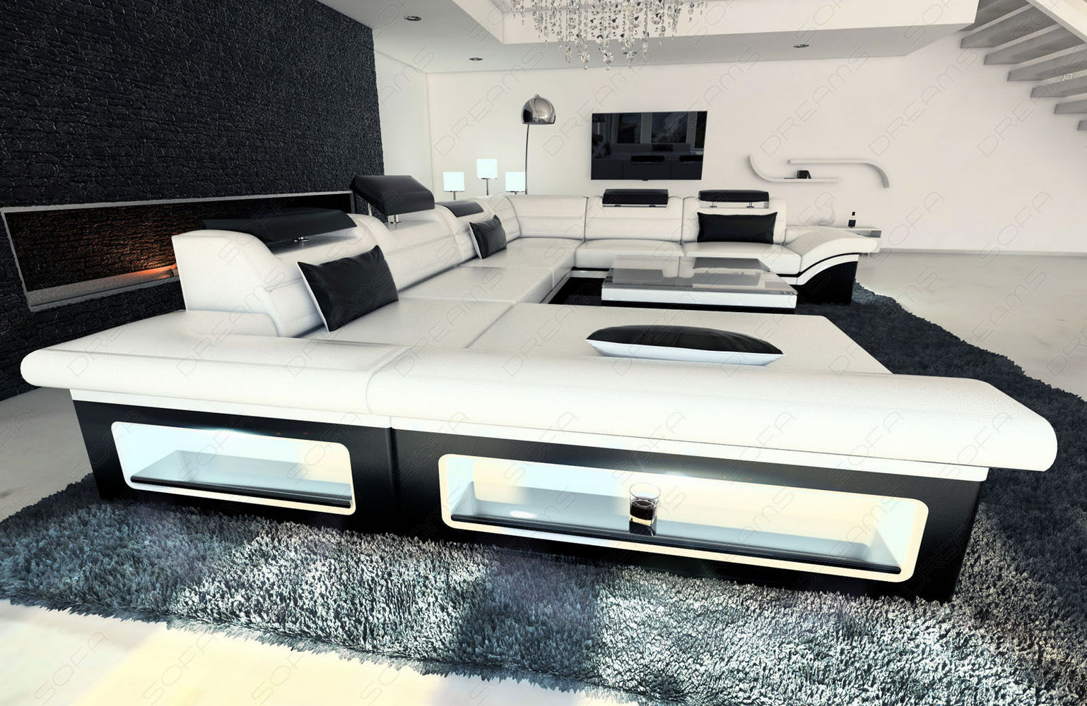 Wohnlandschaft Enzo XXL Ledersofa weiß-schwarz