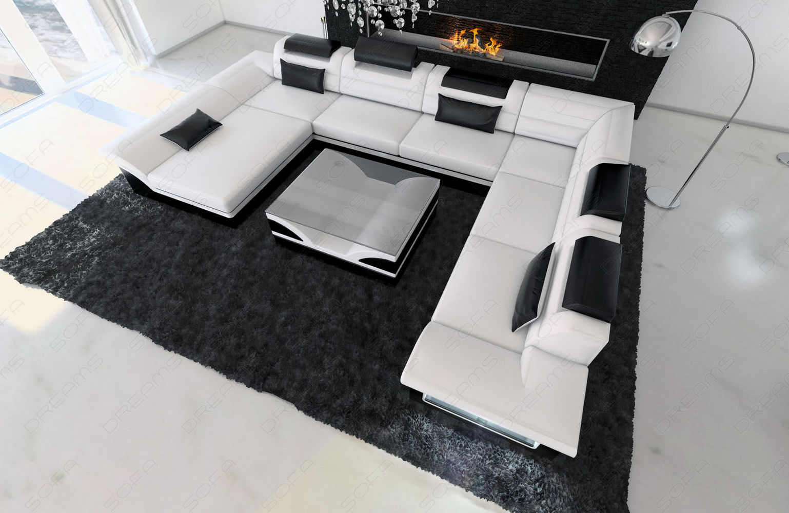 Wohnlandschaft Enzo XXL Ledersofa weiß-schwarz