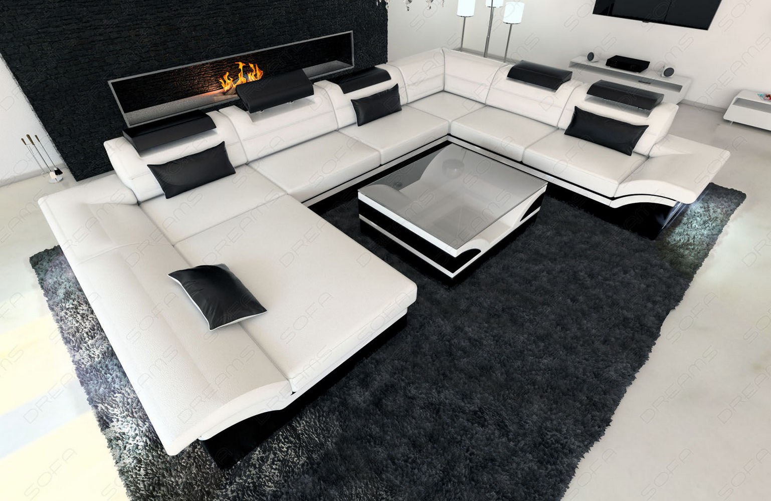 Wohnlandschaft Enzo XXL Ledersofa weiß-schwarz