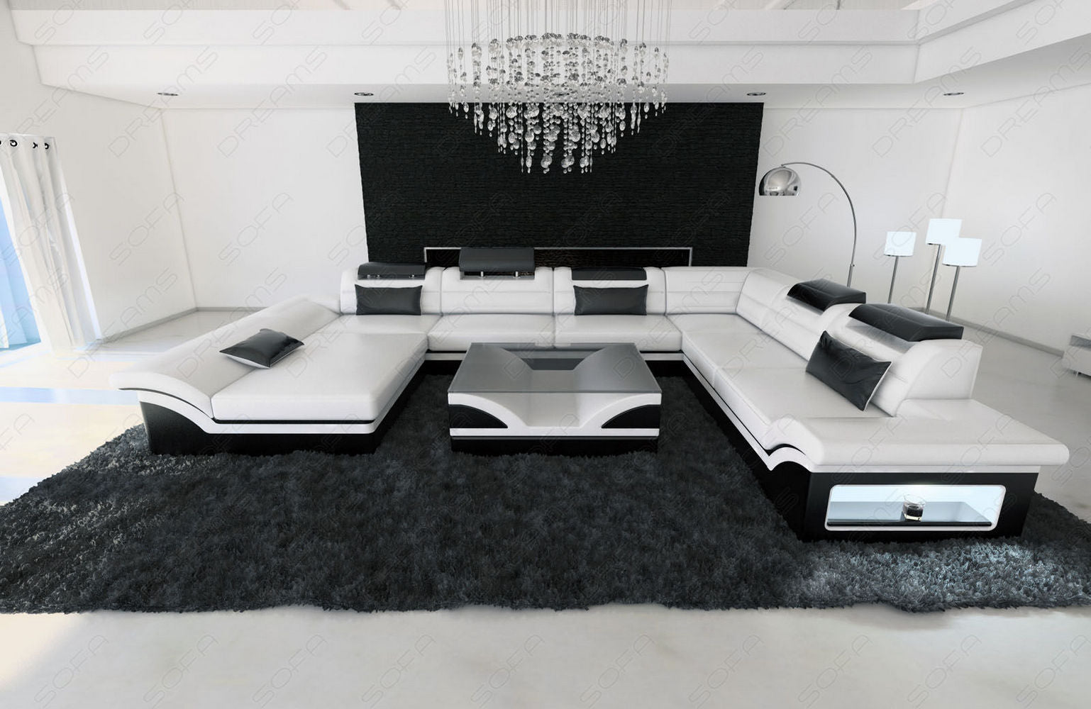 Wohnlandschaft Enzo XXL Ledersofa weiß-schwarz