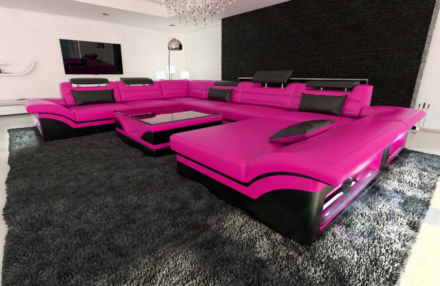 Wohnlandschaft Enzo XXL Ledersofa pink-schwarz