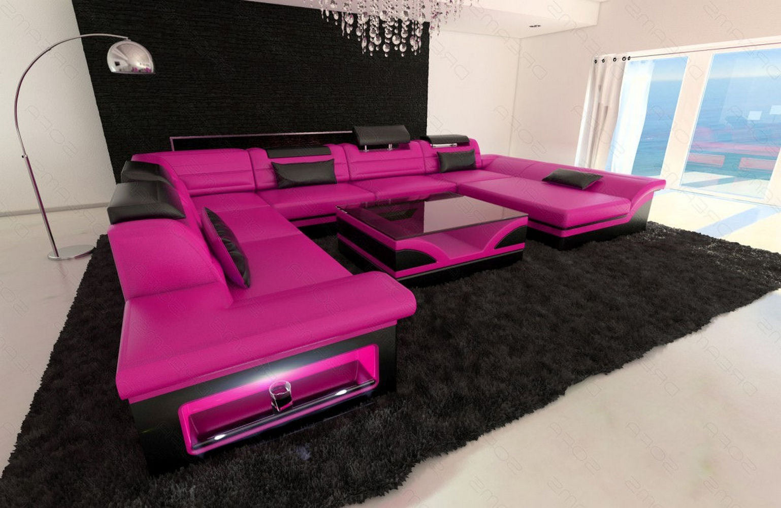 Wohnlandschaft Enzo XXL Ledersofa pink-schwarz