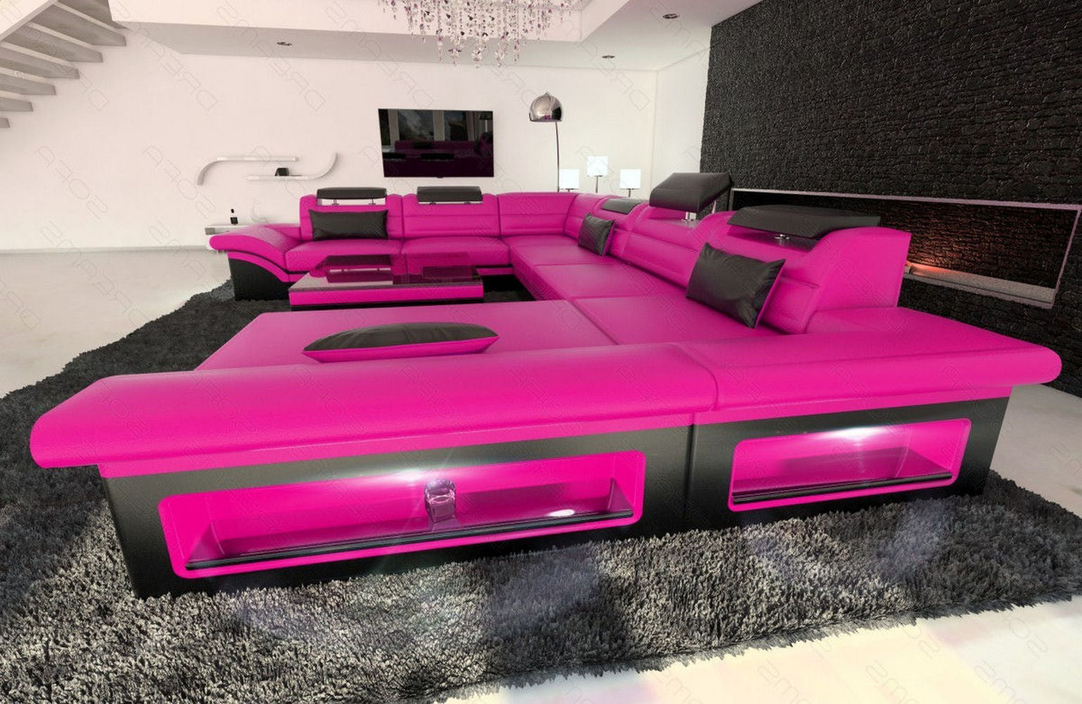 Wohnlandschaft Enzo XXL Ledersofa pink-schwarz