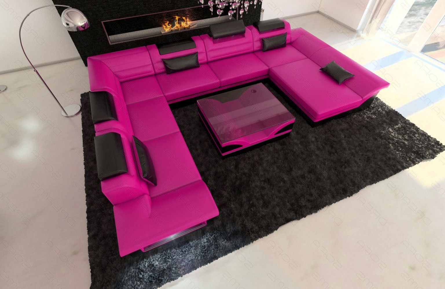 Wohnlandschaft Enzo XXL Ledersofa pink-schwarz
