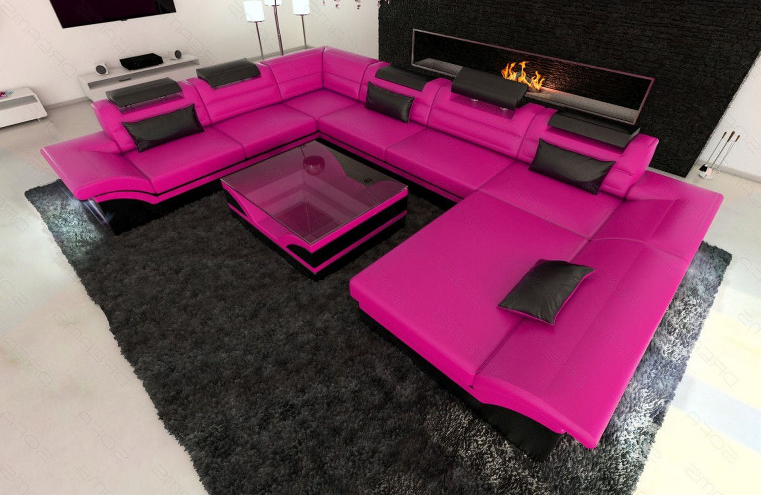 Wohnlandschaft Enzo XXL Ledersofa pink-schwarz