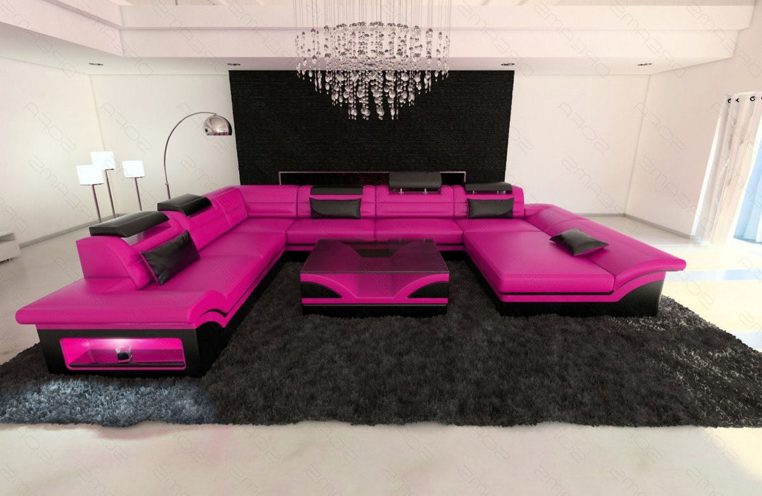 Wohnlandschaft Enzo XXL Ledersofa pink-schwarz