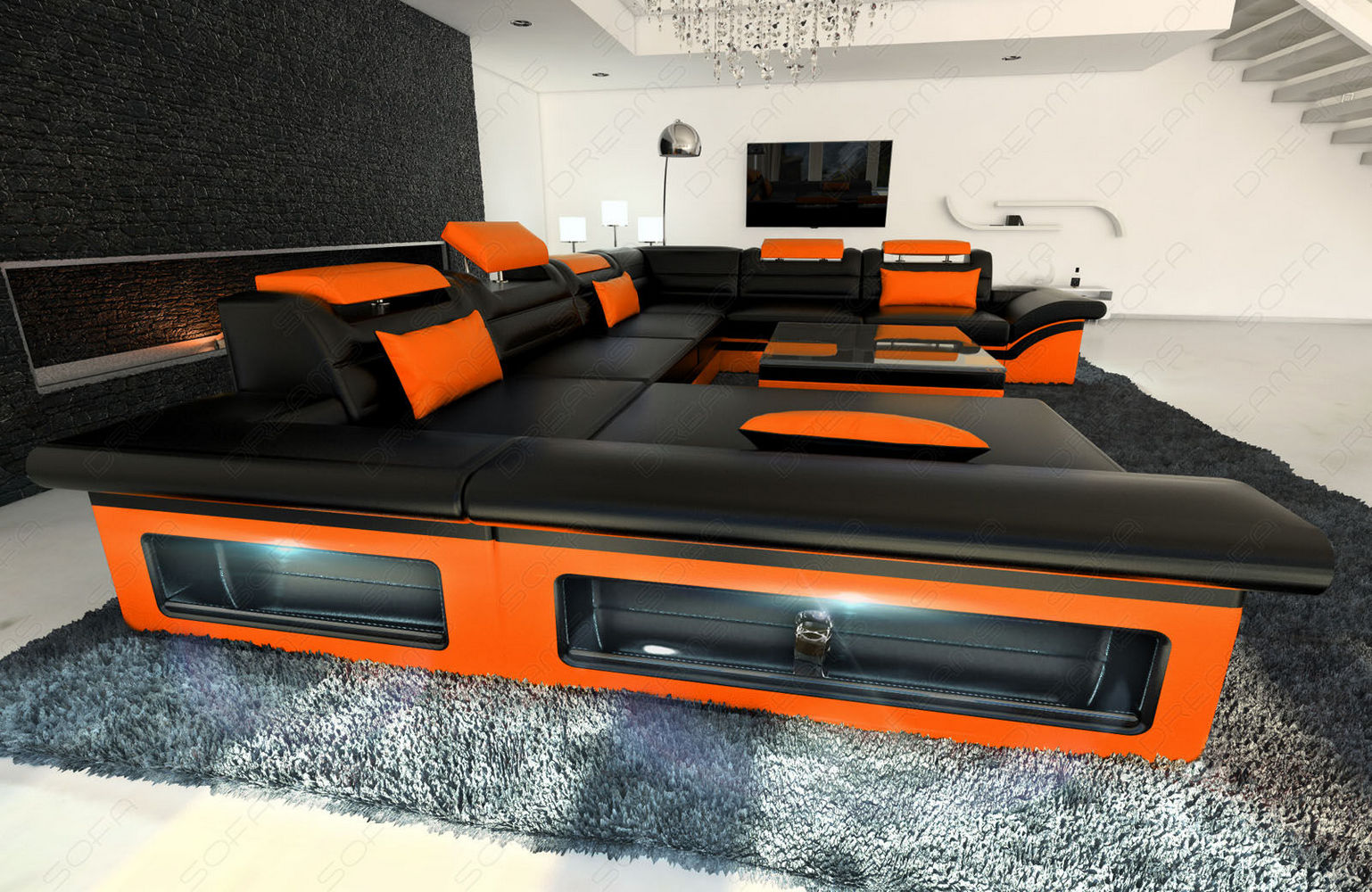 Wohnlandschaft Enzo XXL Ledersofa schwarz-orange