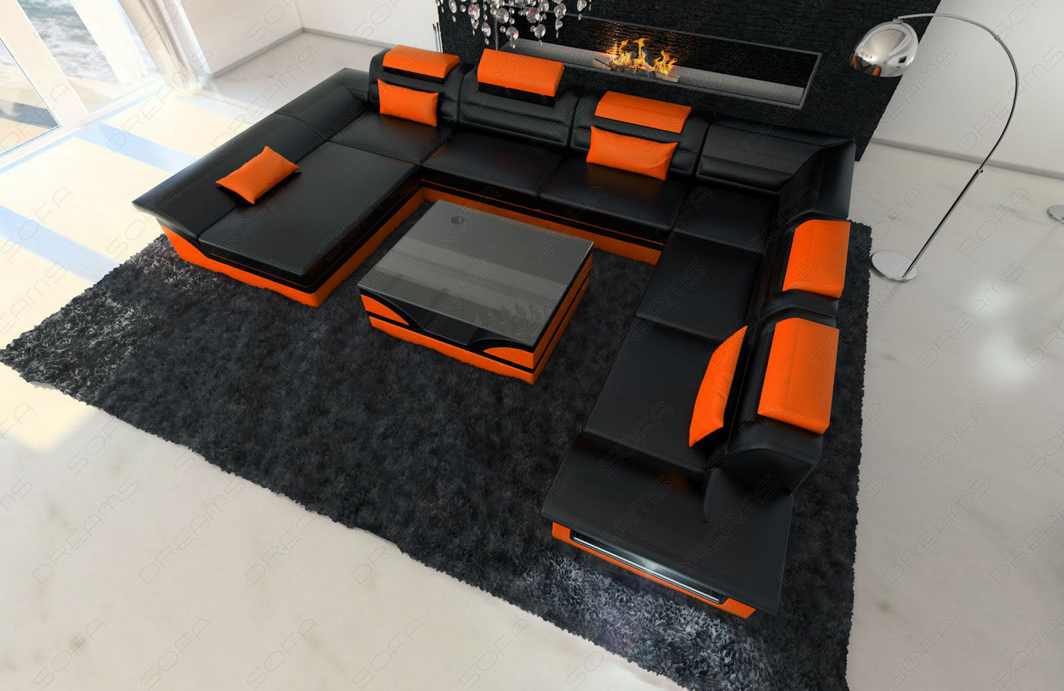 Wohnlandschaft Enzo XXL Ledersofa schwarz-orange