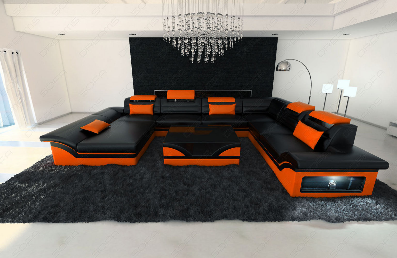 Wohnlandschaft Enzo XXL Ledersofa schwarz-orange