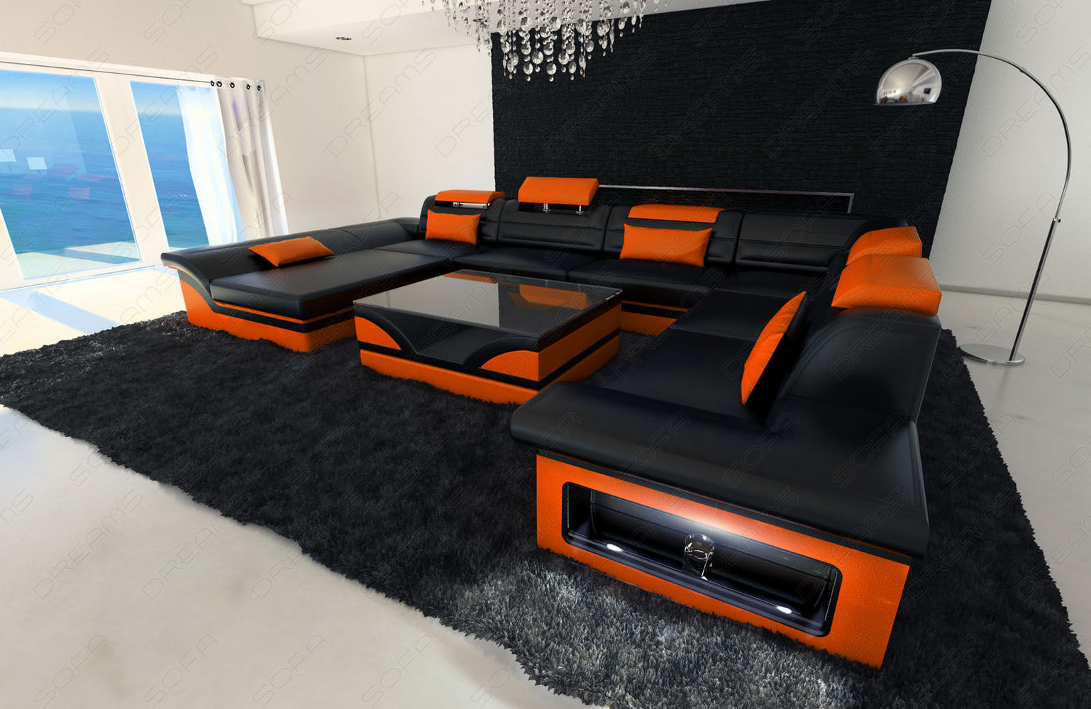 Wohnlandschaft Enzo XXL Ledersofa schwarz-orange