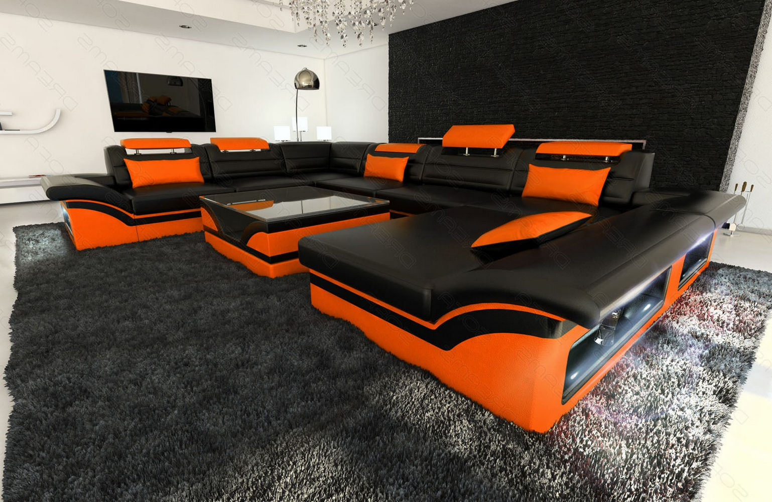 Wohnlandschaft Enzo XXL Ledersofa schwarz-orange