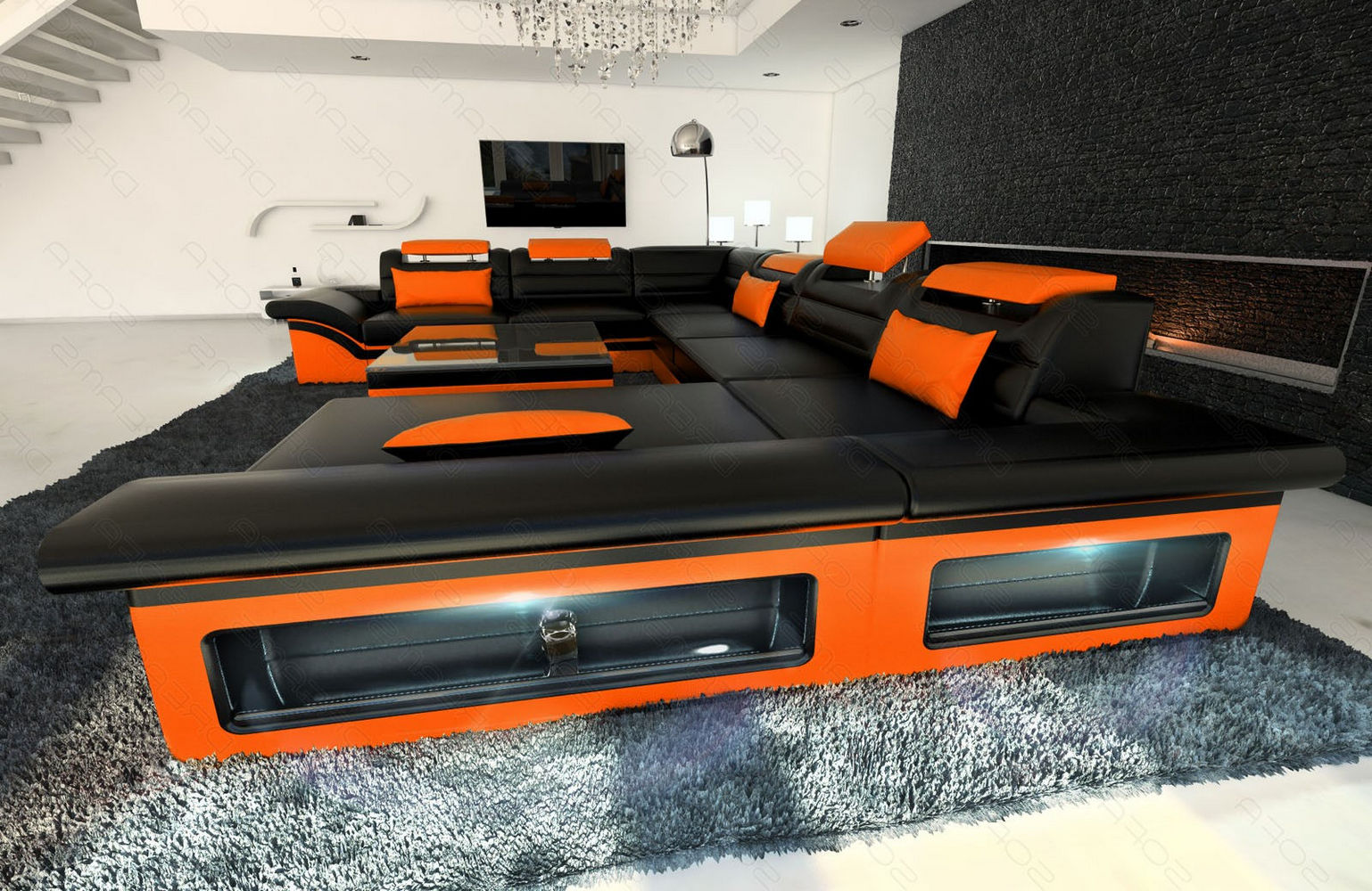 Wohnlandschaft Enzo XXL Ledersofa schwarz-orange