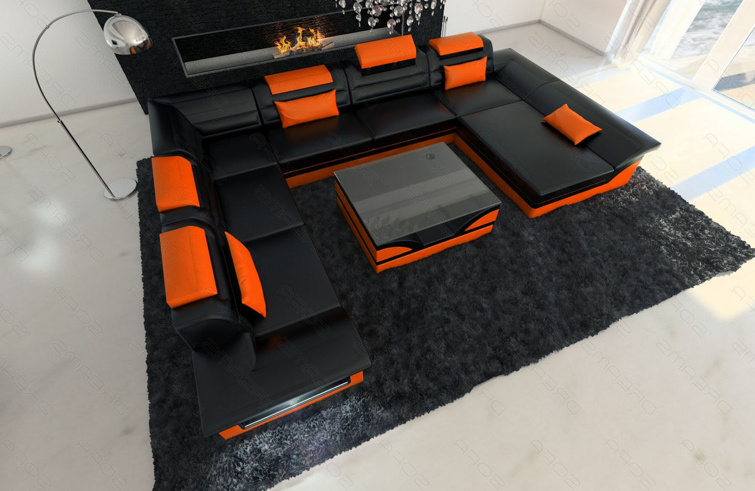 Wohnlandschaft Enzo XXL Ledersofa schwarz-orange