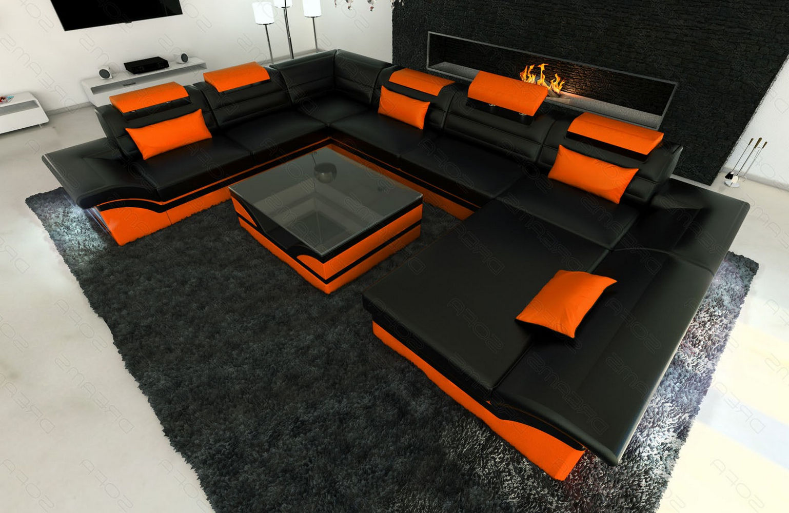 Wohnlandschaft Enzo XXL Ledersofa schwarz-orange
