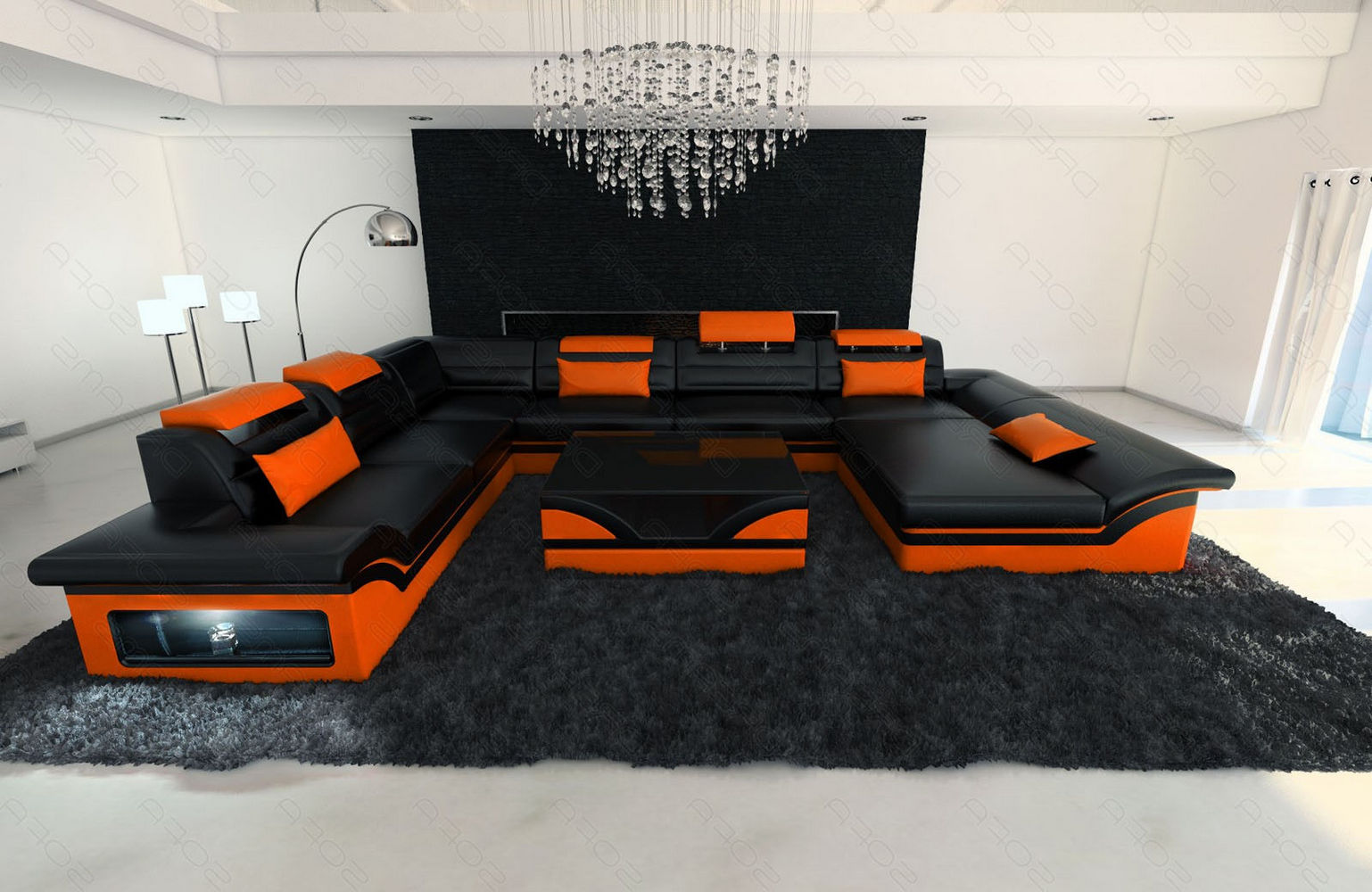 Wohnlandschaft Enzo XXL Ledersofa schwarz-orange