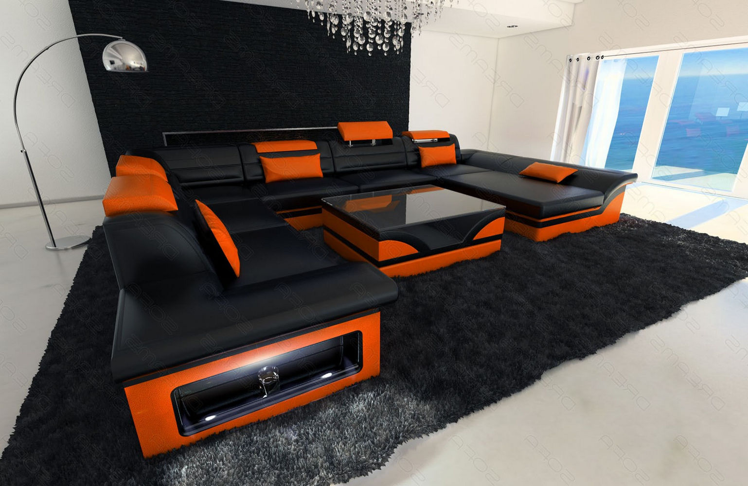 Wohnlandschaft Enzo XXL Ledersofa schwarz-orange