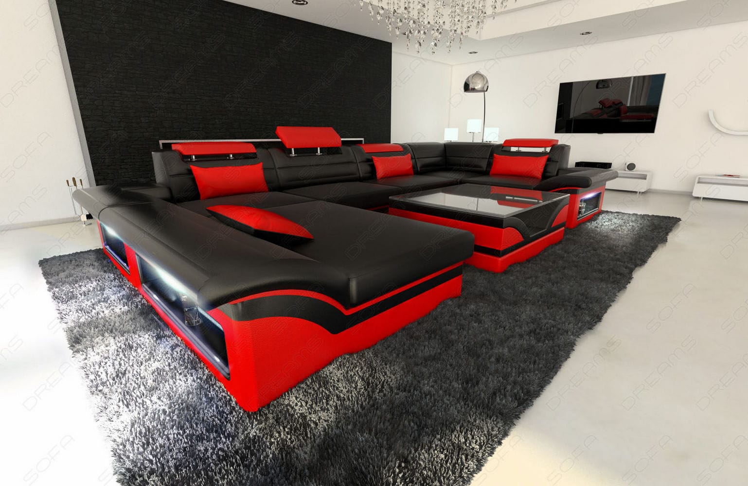 Mini Sofa Enzo U-Form in Leder schwarz-rot