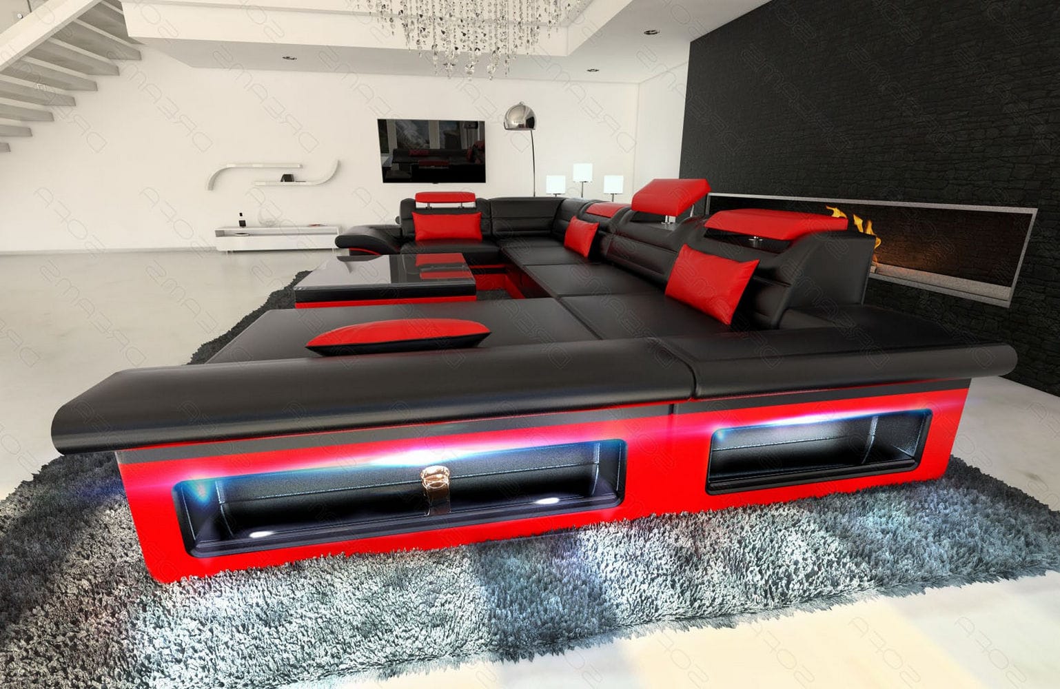 Mini Sofa Enzo U-Form in Leder schwarz-rot