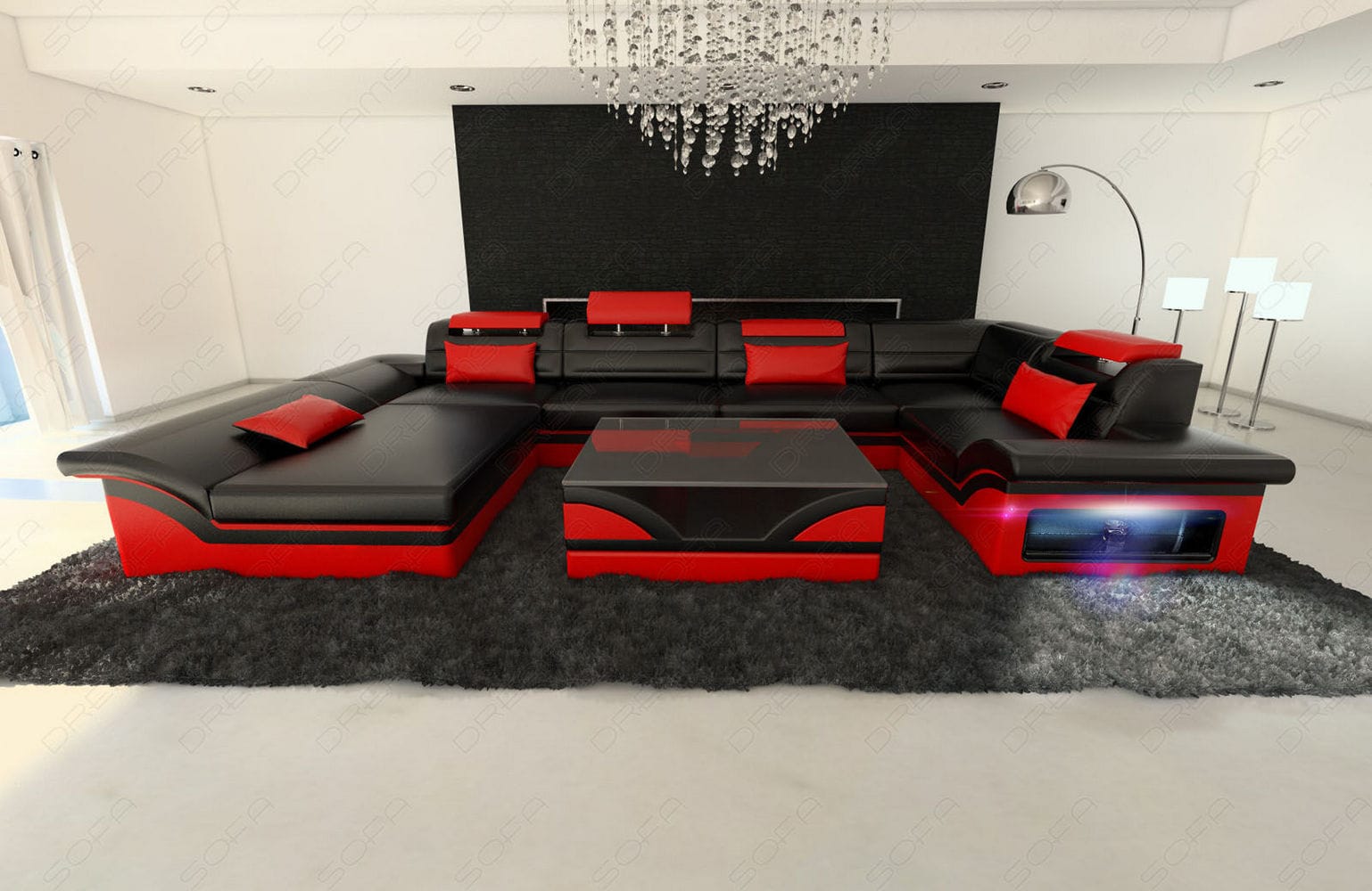 Mini Sofa Enzo U-Form in Leder schwarz-rot